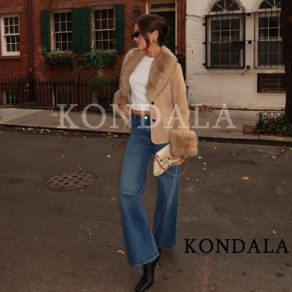 KONDALA Elegante Damen-Herbstjacke mit Kunstpelzkragen, dünne Wildlederjacke, vielseitige Luxusjacke, Herbstmode, High Street Kurzmantel – Detail 2