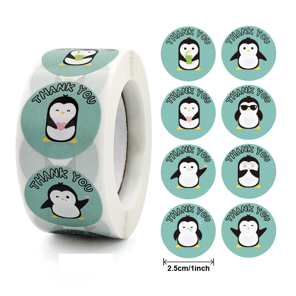 100-500pcs Kawaii Penguin Thank You Stickers Round Cartoon Animal Sealing Labels for Greeting Cards Gift Decoration Stationery