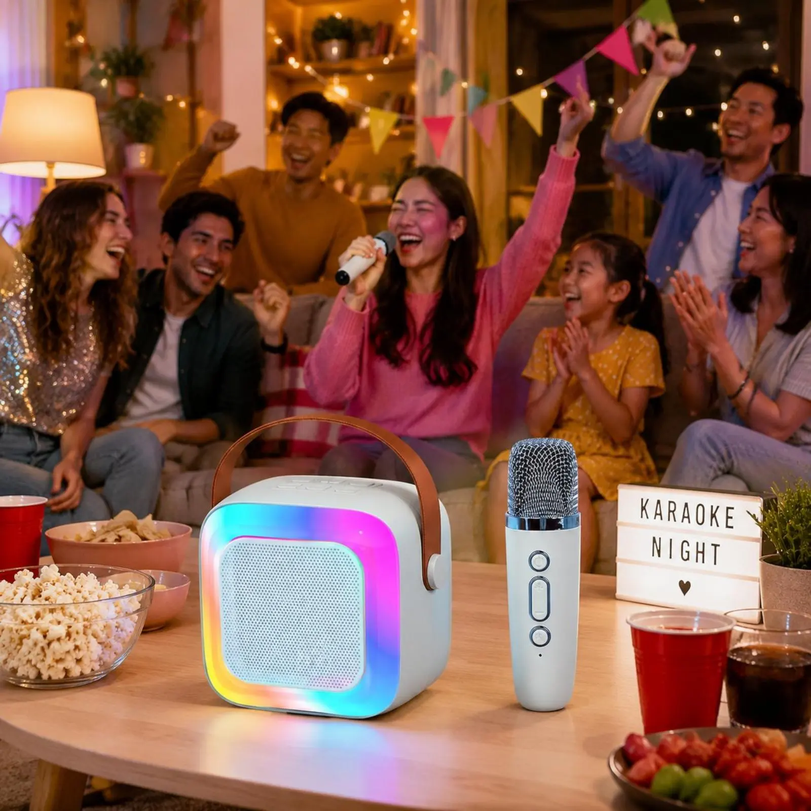 블루투스 노래방 스피커 딥 베이스 무선 마이크 스피커 세트 휴대용 노래방 기계 LED 조명 오디오 장치 (야외, 파티용)