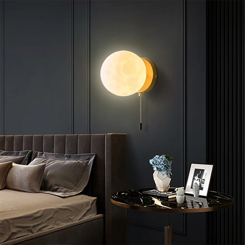 

Modern Moon Led Wall Sconce Nordic Bedroom Bedside Lights with Pull Switch Decor Home Indoor Lamp Fixture Lighting Luminaire New