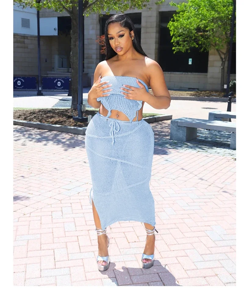 Ribbon Knitted 2 Piece Skirts Sets Women Summer Lace Up Backless Strapless Crop Tops Drawstring Long Dress Suits Beach Outfits