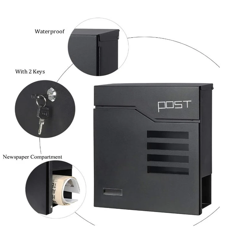Outdoor Mailbox Post Box with Newspaper Compartment Key Wall-Mounted