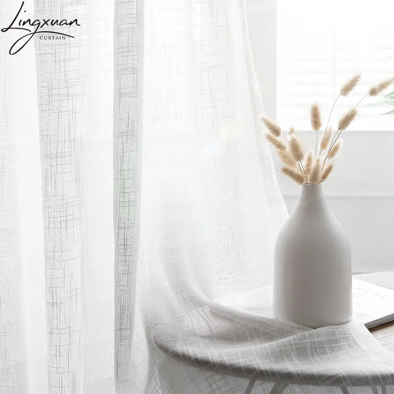 Cortinas de ventana de tul de lino para dormitorio, cortina transparente de gasa blanca suave para sala de estar, cortinas terminadas, decoración del hogar de cocina