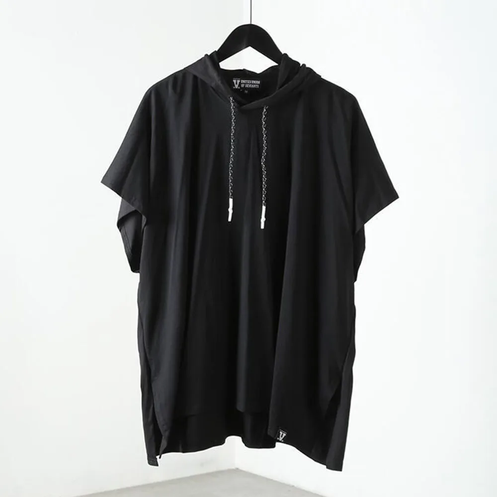 Mens Casual Letter Printed Hooded Cape Genderless 2024 New Fashion Streetwear Personalized Versatile Short Sleeve Top Unisex