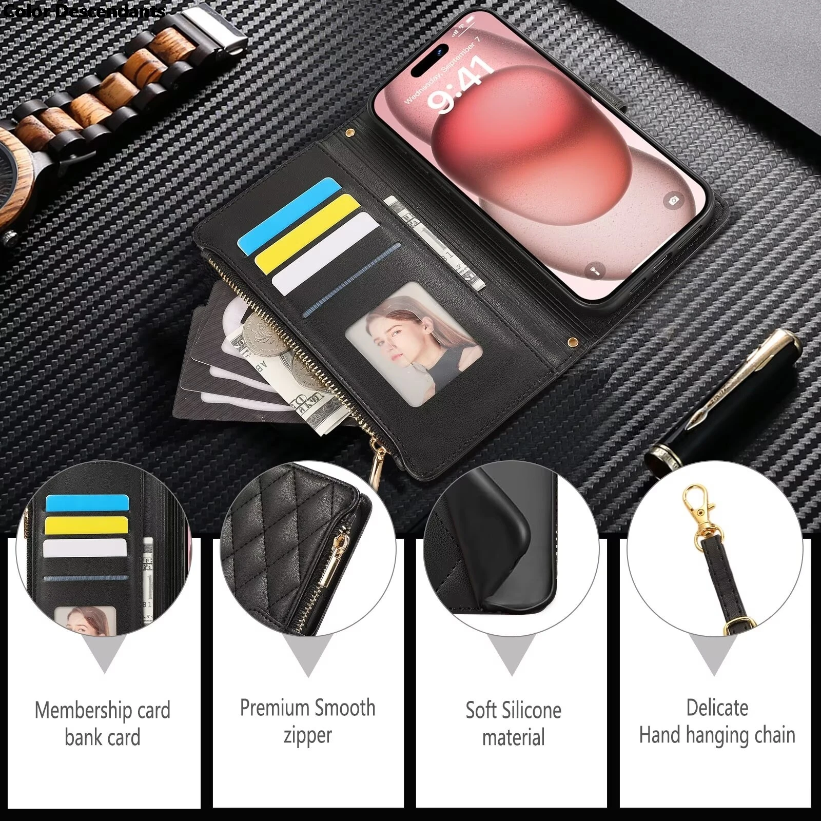 Zipper Leather Crossbody Wallet Case with Multi-Card Holder