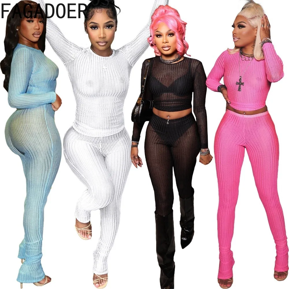 FAGADOER Fashion Mesh Hollow Out Skinny Pants Two Piece Sets Women Round Neck Long Sleeve Crop Top And Pants Outfits Streetwear