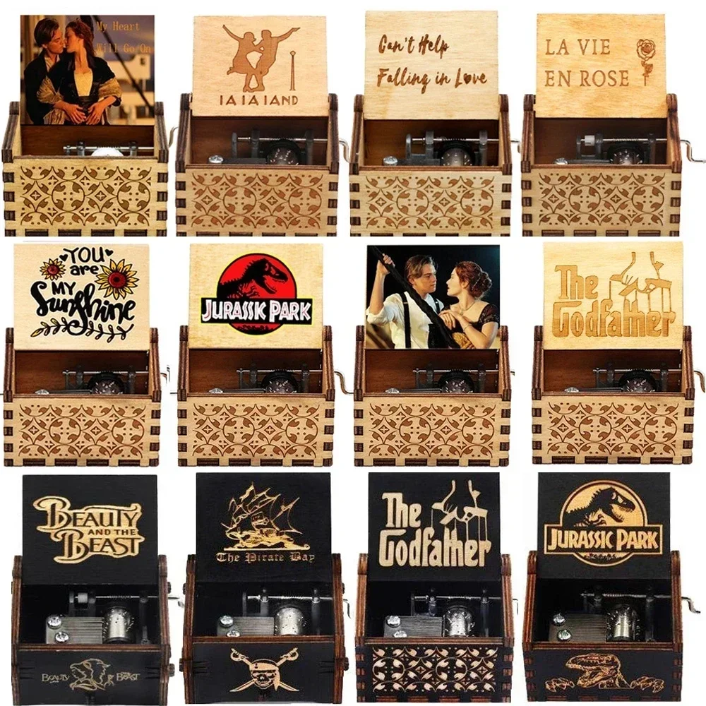 Many styles Anime Music Box Antique carved Wooden Hand Crank Music Box figure Christmas Birthday Gift