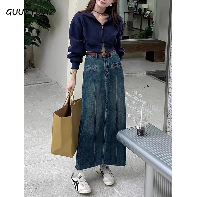 

GUUZYUVIZ Vintage High Waist Denim Skirt Femme Y2k Autumn Winter Fashion Elegant Classics Split Straight Midi Jeans Skirts Women
