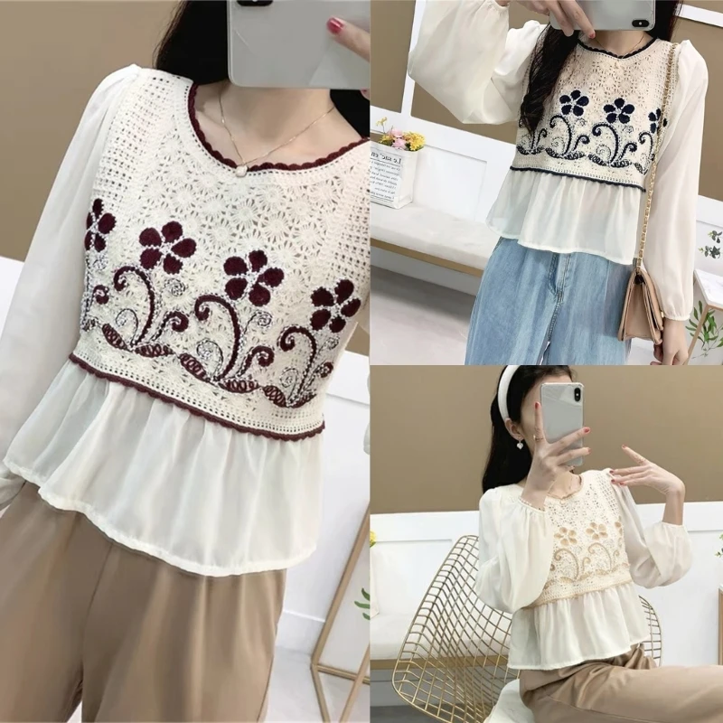 

Crochet Blouse T-shirt for Women Puff Long Sleeve Sweet Crop Tops