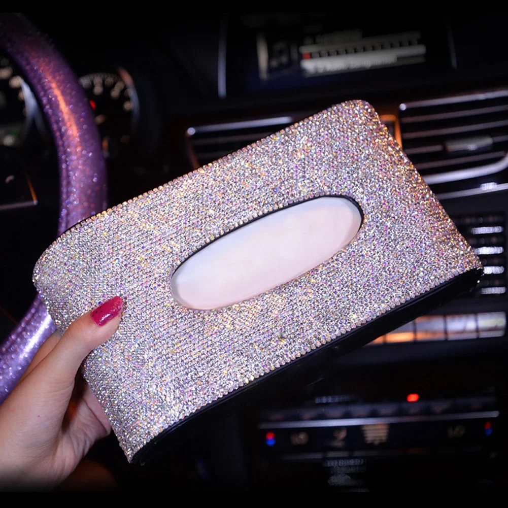 

Luxury Leather Car Tissue Box Cover Crystal Rhinestone Block Paper Storage Box Car Accessories For Women Girls