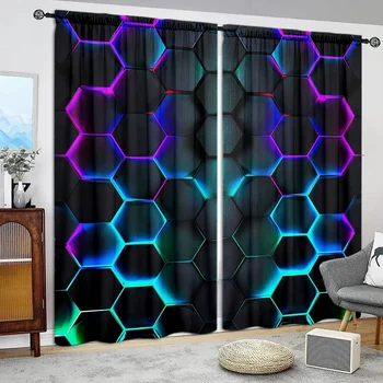 Tenda stampata artistica esagonale futuristica da 2 pezzi per la decorazione domestica - Trattamento per finestre con tasca per asta per camera da letto, ufficio, cucina, soggiorno 1