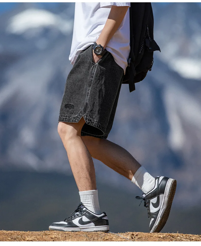 Distressed wash cargo denim shorts embroidered casual loose drawstring cropped streetwear pants