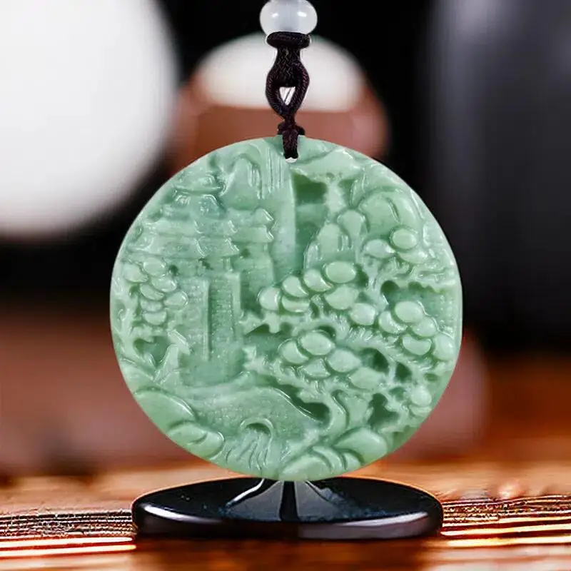 

Natural Real Jade Landscape Pendant Necklace Chinese Fashion Accessories Gift Carved Jewelry Vintage Charm Designer Luxury