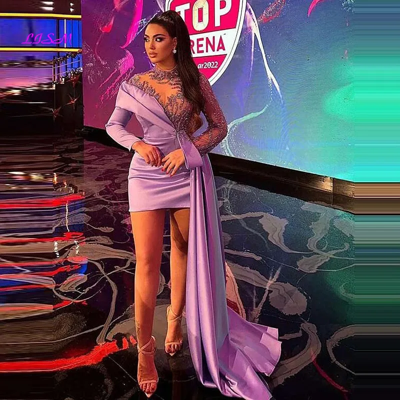 

Aso Ebi короткие платья для выпускного вечера с высоким воротником с блестками аппликации с длинными рукавами с боковым шлейфом вечернее платье для вечеринки платья на день рождения для девочек