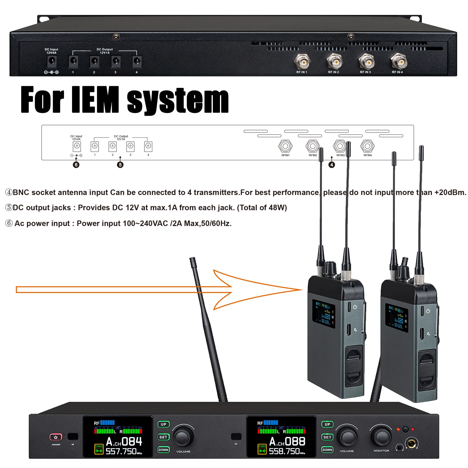 Betagear Active UHF Directional Antenna Combiner MT86 RF Signal Amplifier For In Ear Monitor Splitter 450-950Mhz 100-240VAC