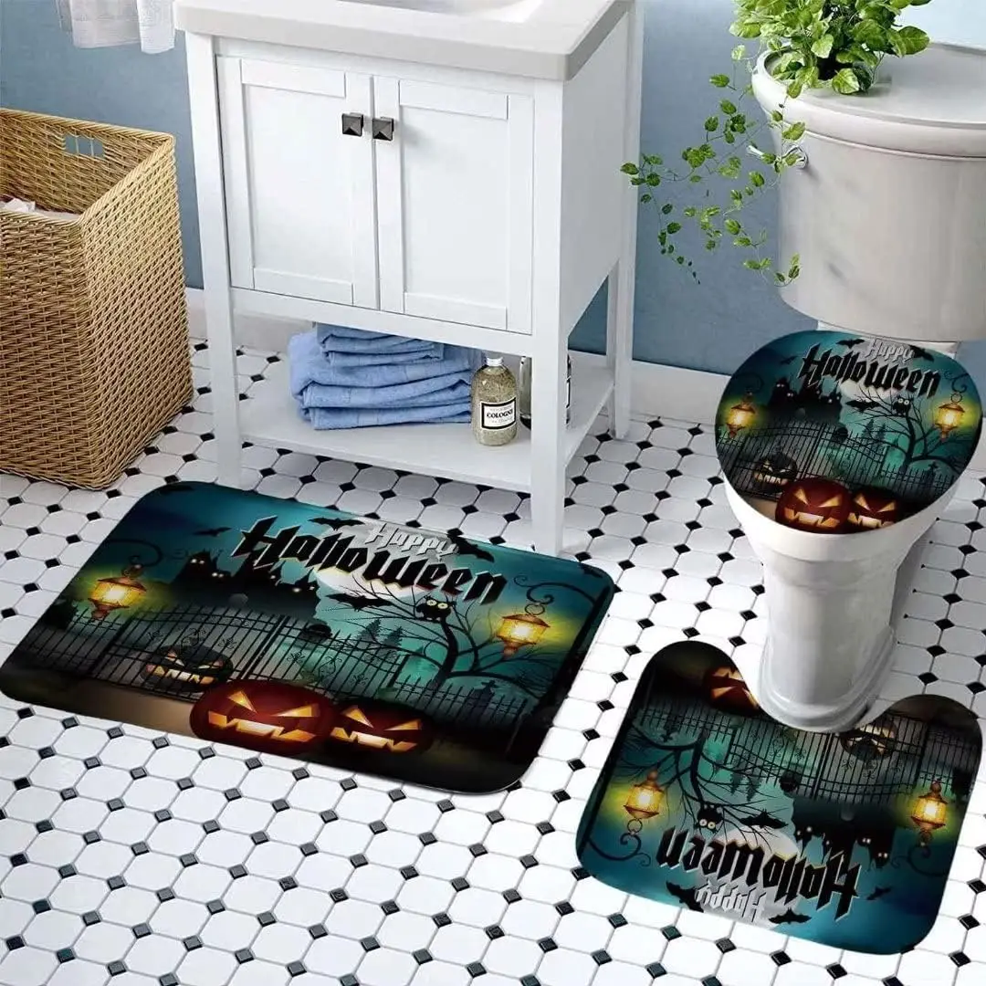 Halloween Castle Pumpkin Waterproof Shower Curtain with Non-Slip Rug Toilet Cover Cover and Bath Mat Bathroom Shower Decoration