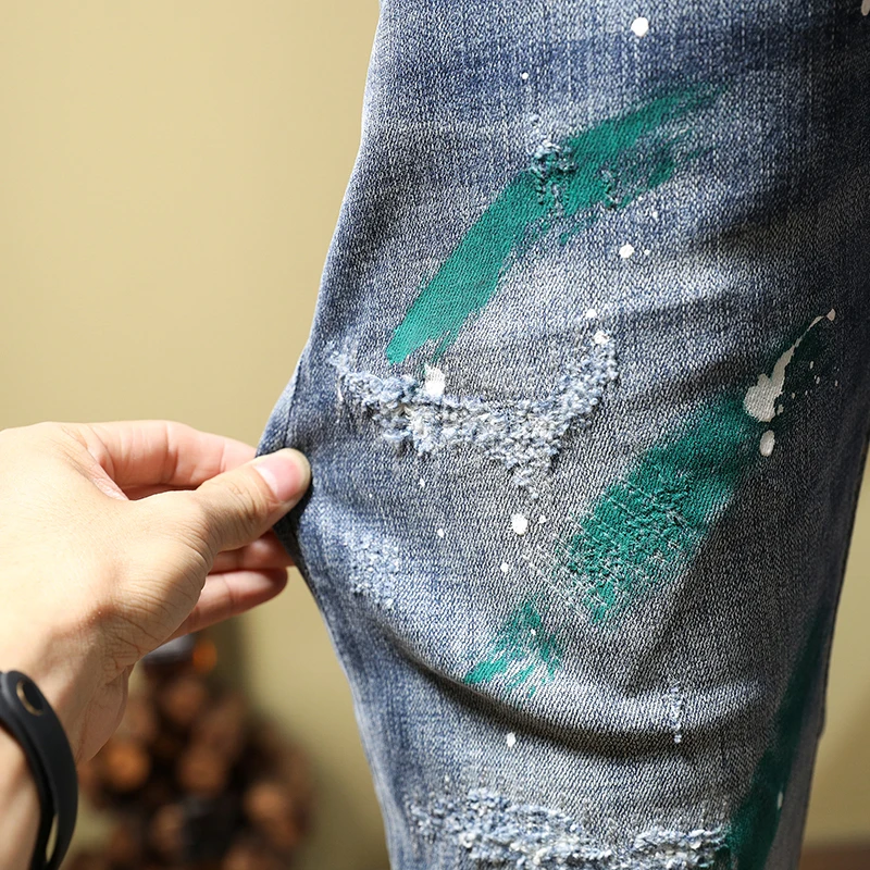 Fashion Streetwear Men Jeans Retro Blue Elastic Stretch Skinny Fit Ripped Jeans Men Green Painted Designer Hip Hop Pants Hombre
