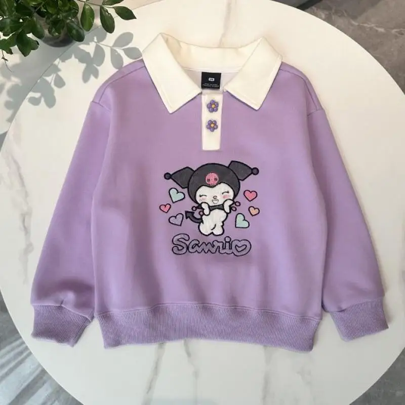 

Kawaii Sanrio Children's Embroidered Sweatshirt Kuromi Accessories Cute Beauty Cartoon Anime Polo Neck Tops Toys for Girls Gift