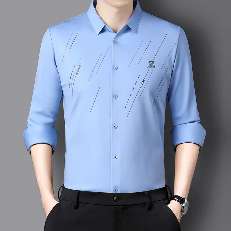 Spring and summer short sleeved men's long sleeved shirt, silky and seamless, solid color, thin and easy to wear casual