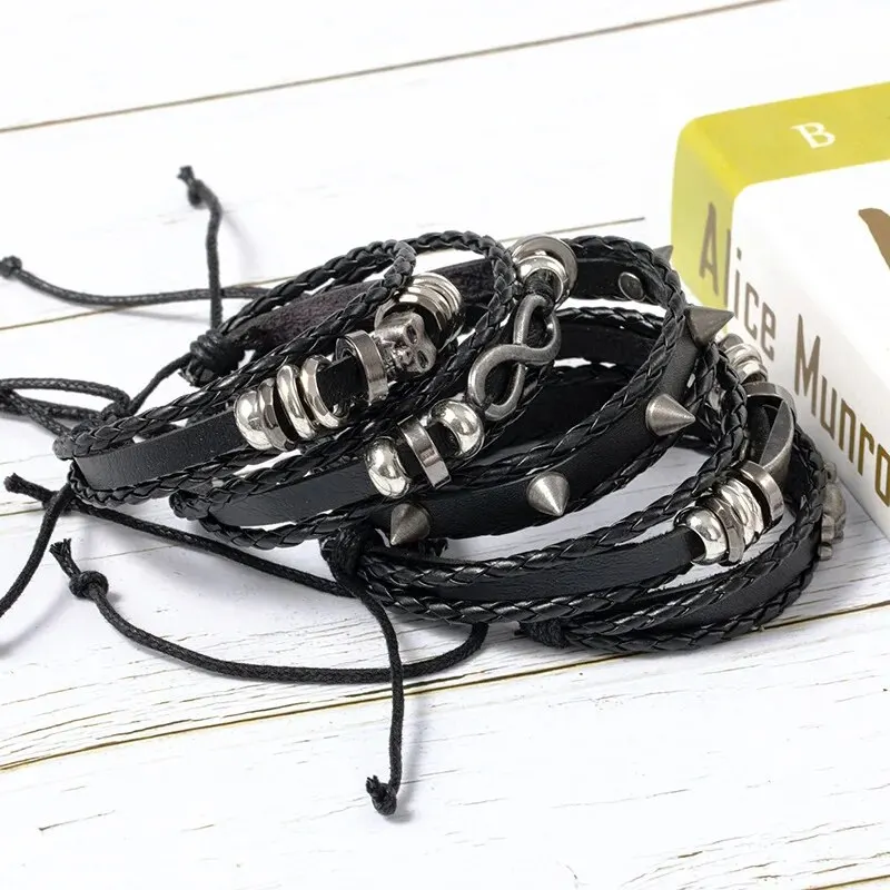 5pcs Metal Diy Braided Punk Style Bracelet Set, Featuring Pu Leather And Beads - Image 4