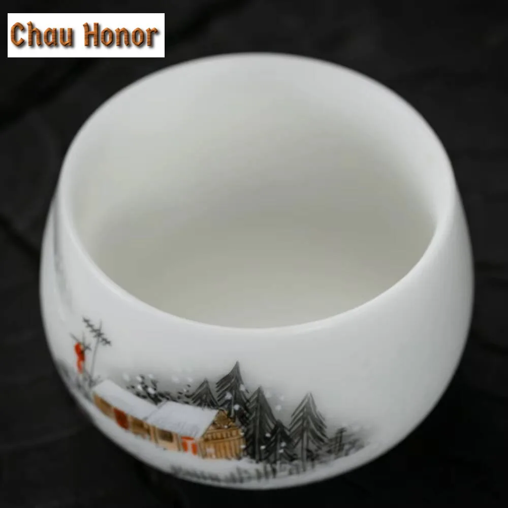 160ml Ice Seed White Jade Mud Porcelain Teacup Hand Drawn Landscape Master Cup Chinese Jianzhan Personal Tea Bowl Kung Fu Teaset
