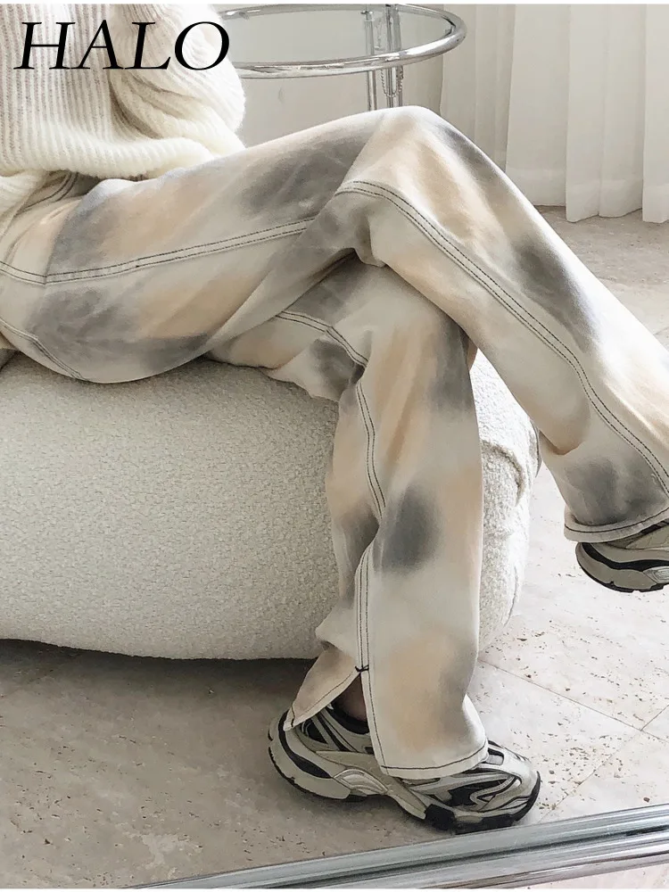 

HALO Gradient Tie Dyed High Waist Straight Leg Wide Leg Jeans Loose Women 2024 Spring/Summer New Instagram Retro Fashion