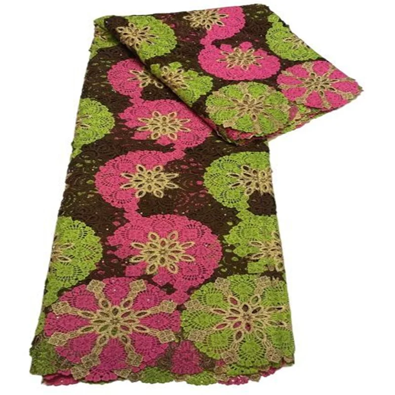 

Green Embroidery Colorful Flower African Cord Lace Stones Fabric High Quality Water Soluble Nigerian Guipure Cord Party Dress