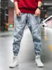 Light Blue Denim Pants for Men Trendy Loose Harem Jeans Retro Ankle-length Pants with Elastic Cuffs Cargo Pants Plus Size 5XL 1