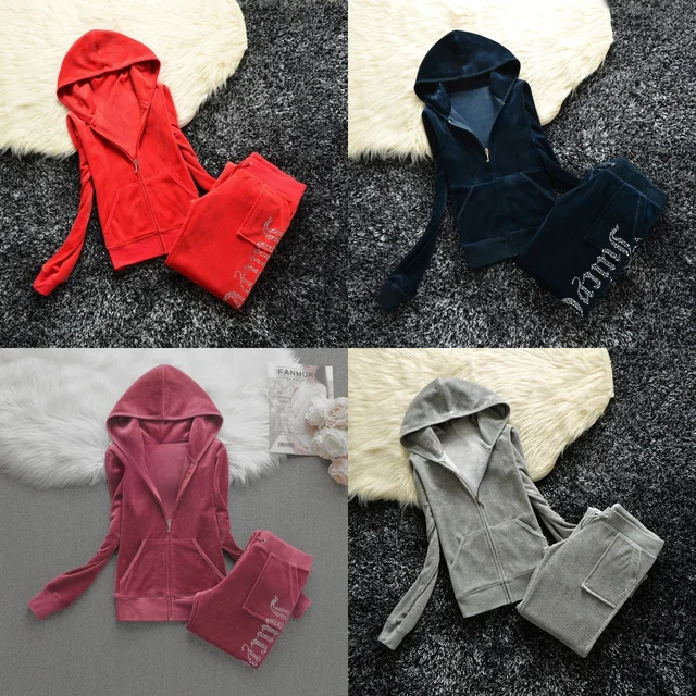 Survêtement d'hiver en velours pour femme, survêtement juteux, ensemble sweat à capuche et pantalon doublés en polaire robuste |   Tenue de jogging chaude de couleur unie 1