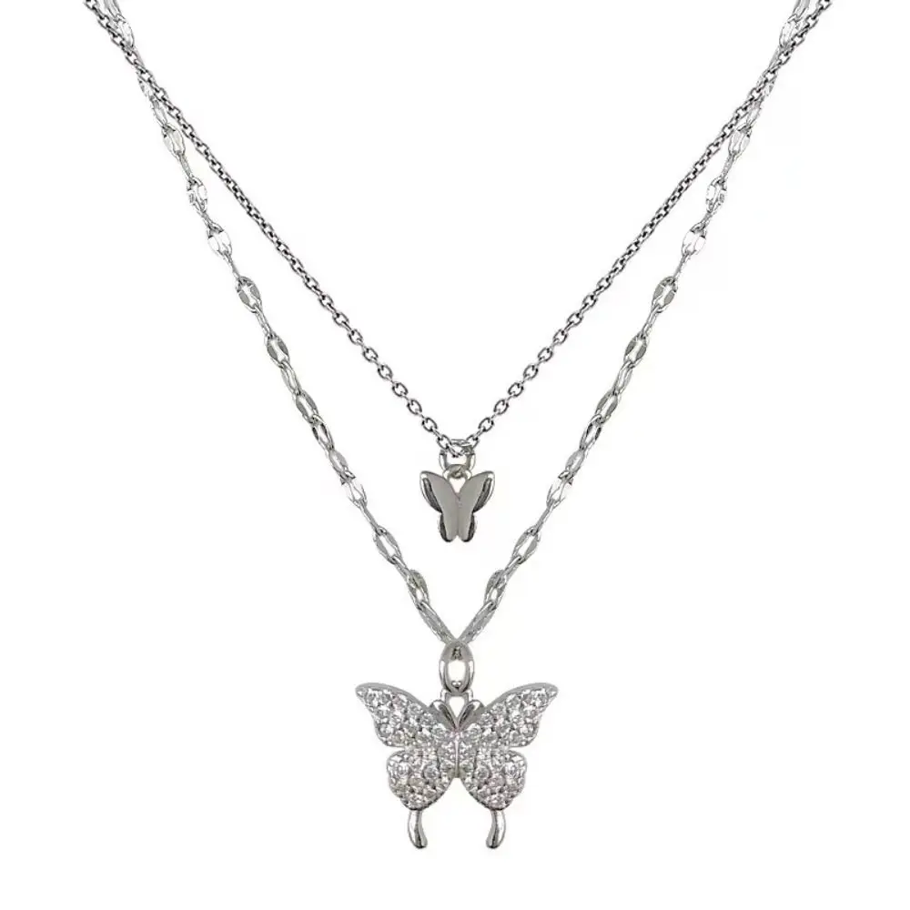 Double Layer Shiny Butterfly Necklace Exquisite Classic Small Pendant Necklace Jewelry Light Luxury Clavicle Chain Ladies Gift 5