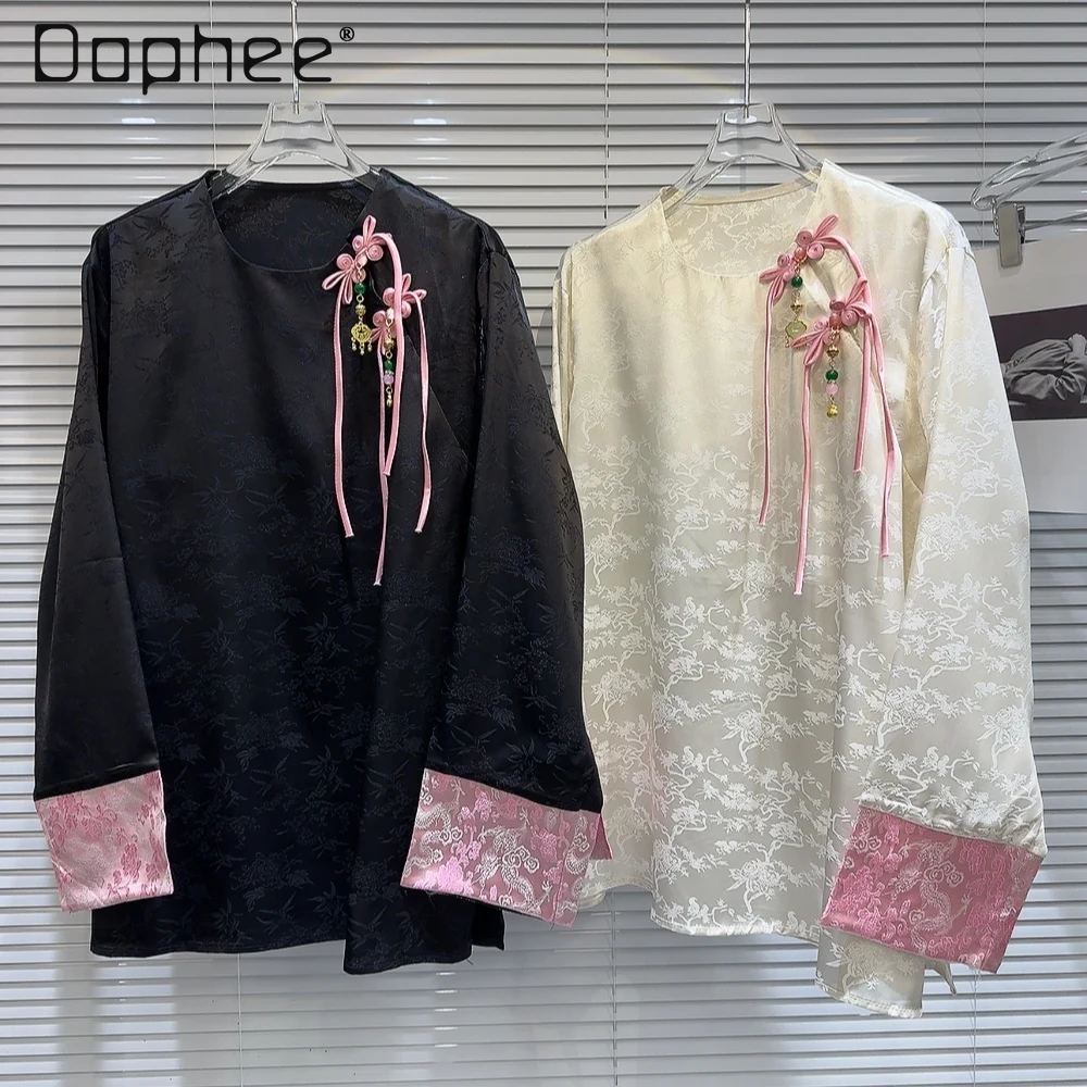 Chinese Style Long Sleeve T Shirt Women 2024 Spring New Temperament National Style Buckle Embroidered Jacquard Tops Blusas Mujer