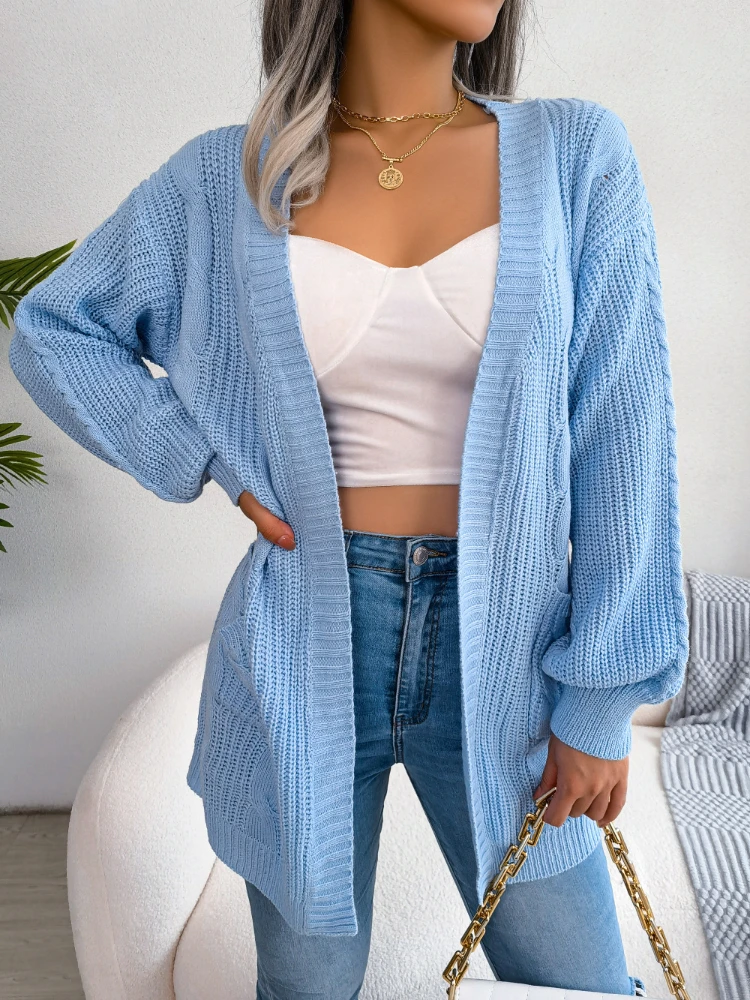 

Fashion Women Sweaters 2023 Solid Color V-neck Lantern Sleeve Leisure Pocket Jerseys Women's Sweater Blusa De Frio Feminina