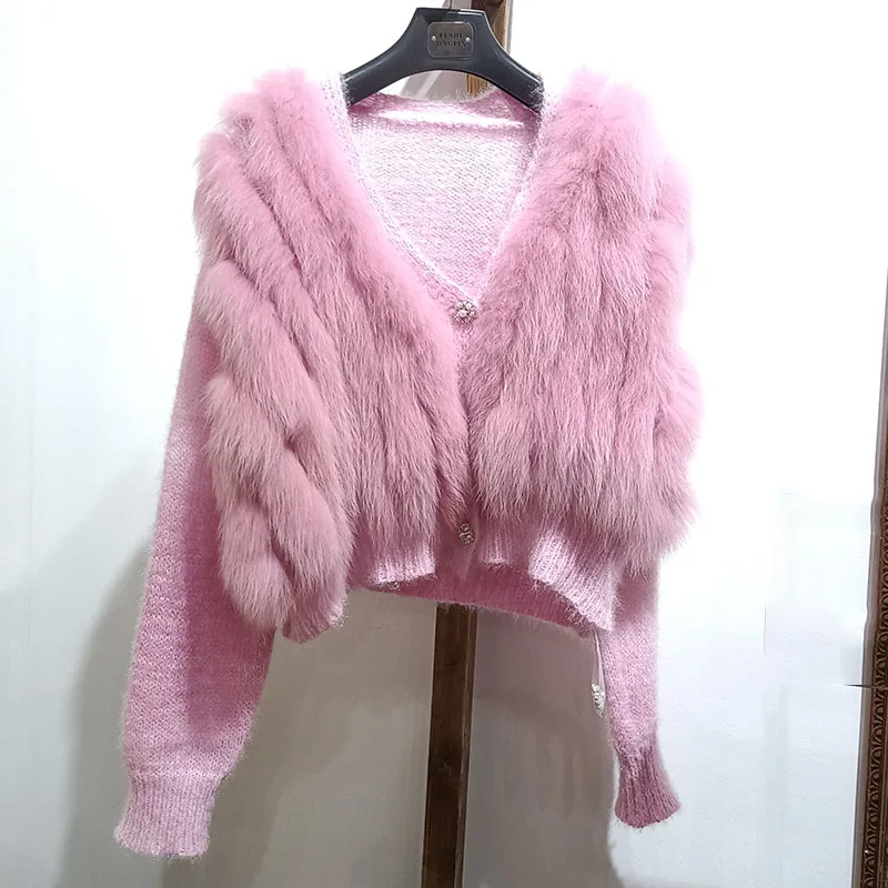 Women Spring Loose Real Fox Fur Stripe Coat 2023 Sewed  Real Fur Outside Decoration Female Fashion Sweater Cardigan
