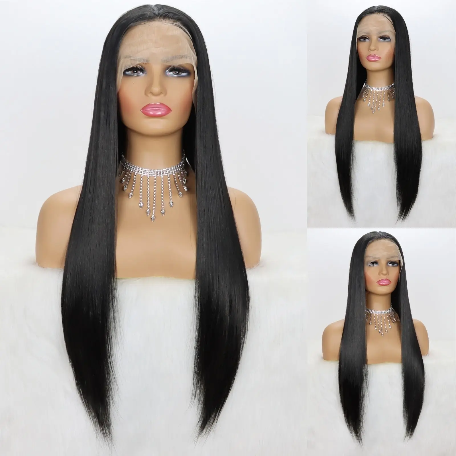 Black Synthetic Lace Front Wig 13x4 Lace Front Wig Pre-Plucked Natural Hairline Wigs For Women Daily Party Use 24Inch