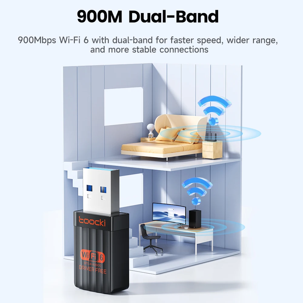 투키 900Mbps USB WiFi 6 어댑터 2.4G/5G 듀얼 밴드 블루투스 5.4 WiFi 카드 드라이브 무료 무선 네트 외장 수신기 (노트북용)