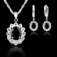 925 Sterling Silver Fine Jewelry Sets Oval Stone Zircon Rhinestone Necklace Earrings for Wedding Party Birthday Gift