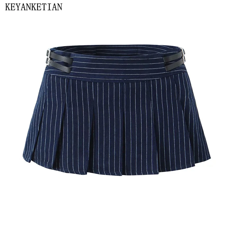 

Новинка 2024, Женская плиссированная юбка KEYANKETIAN в темно-синюю полоску, популярная Милая Мини-юбка с поясом и низкой талией Y2K Skort