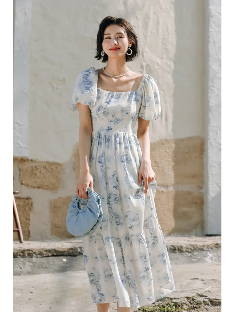

French Square Neck Chiffon Dress with Bubble Sleeves, Blue Floral Skirt, Women's Summer Temperament, High-end Holiday Long