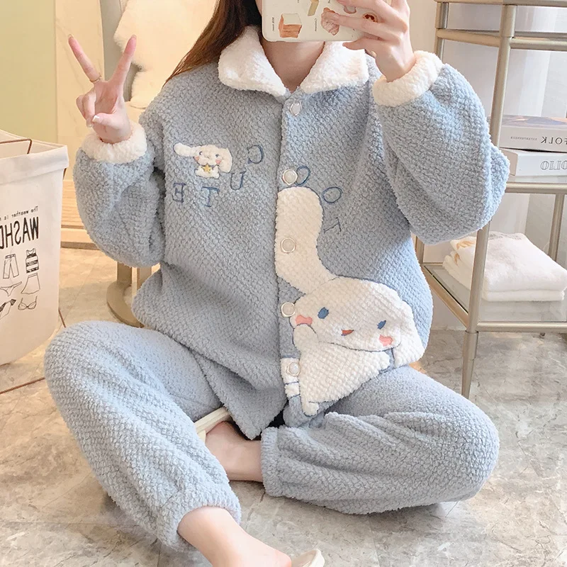 

Sanrios Cinnamoroll Mymelody Kawaii Мультфильм фланелевый длинный рукав отворот кардиган осень зима пижамный комплект для женщин домашняя одежда подарки