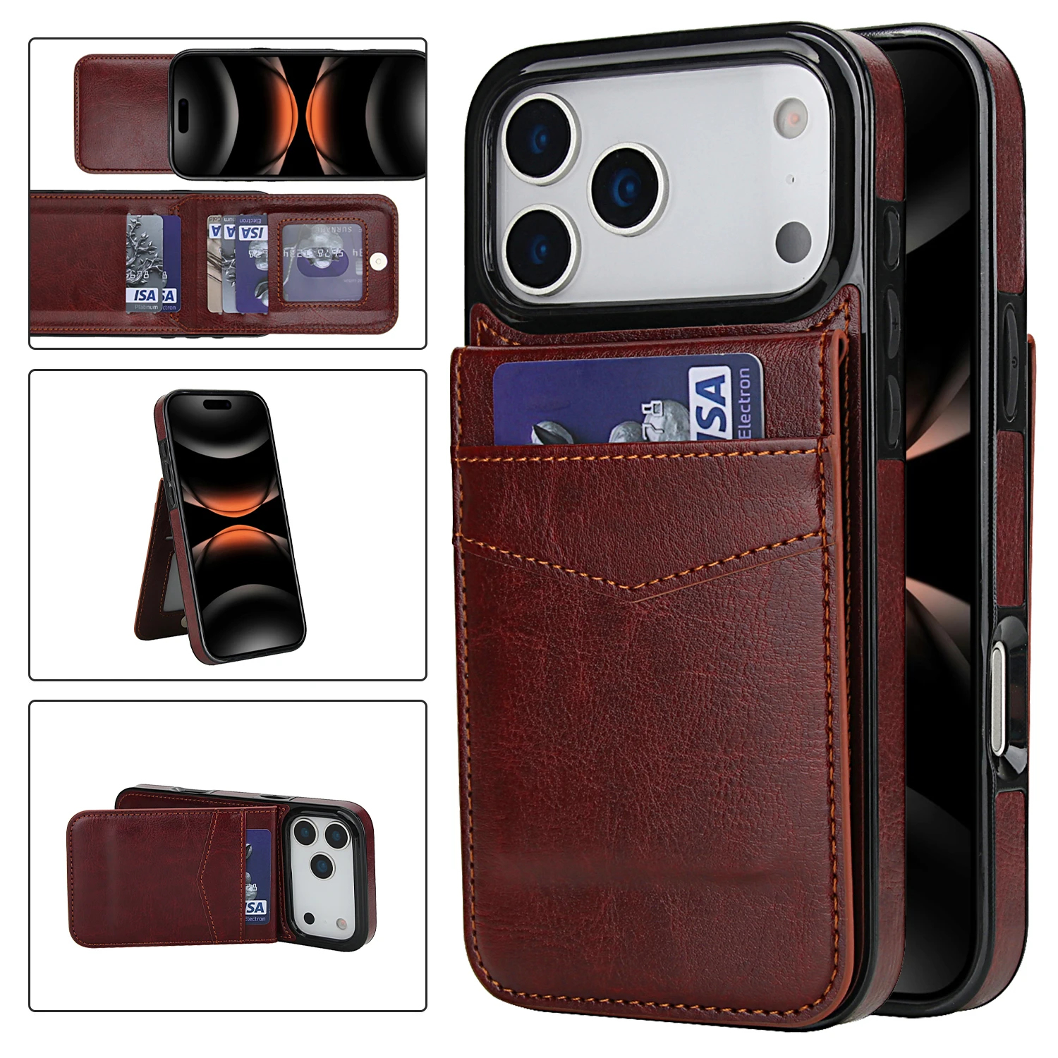 Retro Leather Wallet-Style Flip Card Holder Phone Case with Stand Feature