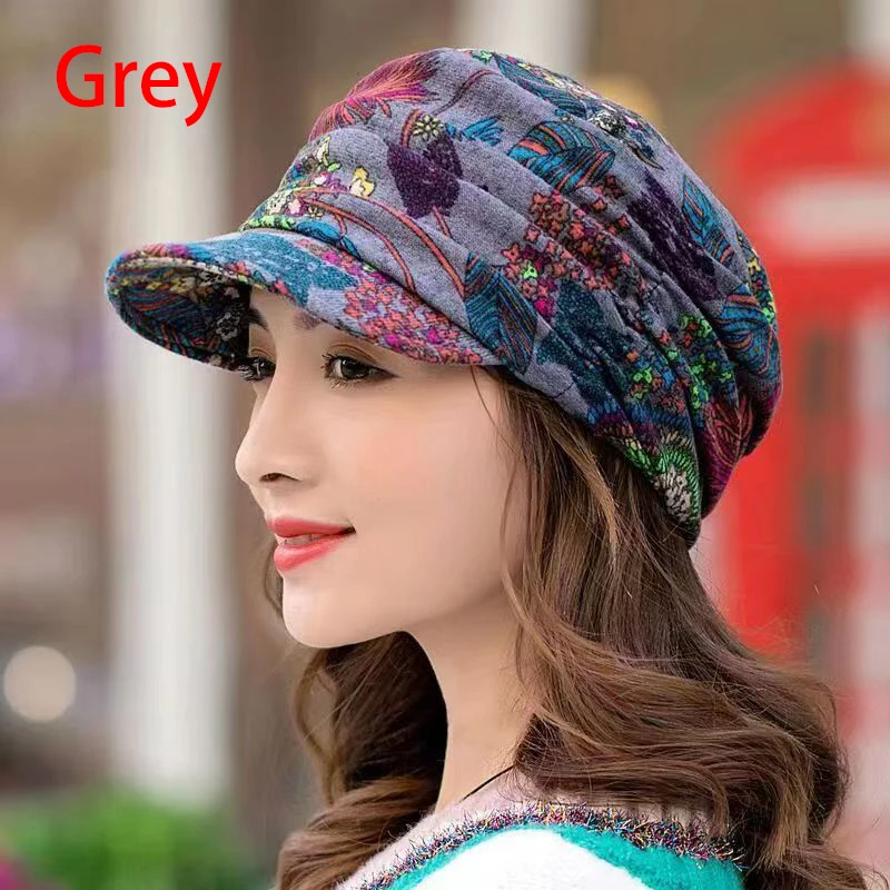 Short Brim Women Hat Warm Foldable Earflap Women Cap Floral Print Autumn Winter Hat Daily Clothing Turban Visor 4