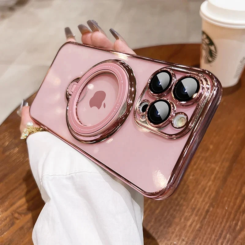Transparent Plating Luxury Standing Holder Magnetic Case For iPhone 15 Plus 14 13 12 11 Pro Max For Magsafe Ring Bracket Cover