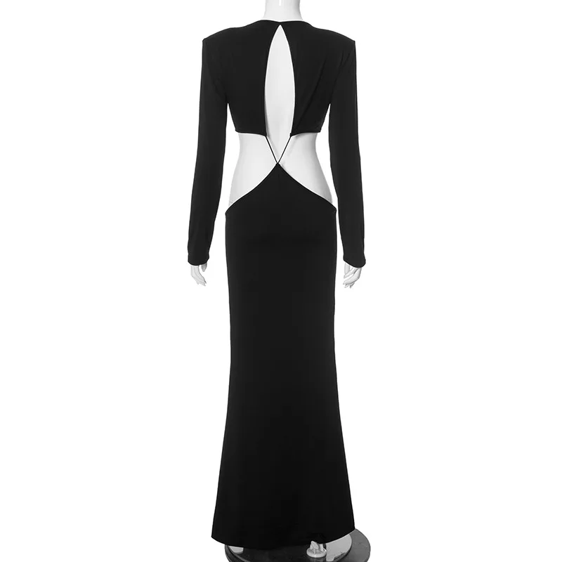 Cryptographic Fashion Black Sexy Cut Out Maxi Dress Bandage Party Club Outfits Long Sleeve Plunge Dresses Elegant Gown Vestido