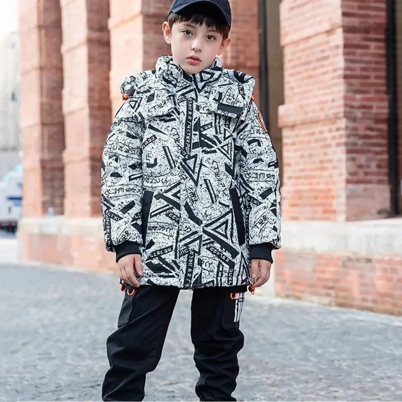 

Boys Parkas Coat Winter Padded Jacket 2023 New Fashion Hooded Plus Velvet Warm Geometry Print Children Outerwear 120-160