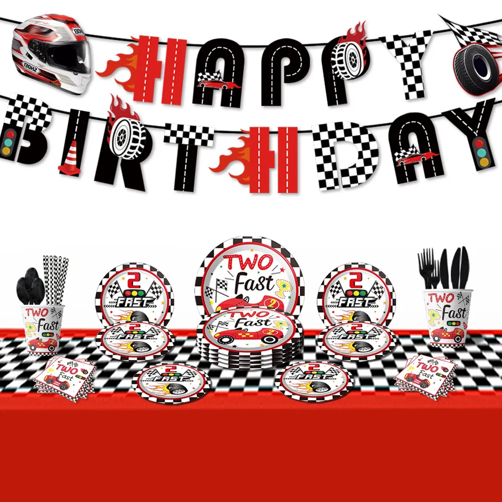 Two Fast Birthday Decorations Banner Racing Car Theme 2nd Birthday Party Supplies Balloon Garland Cake Topper Tablecloth
