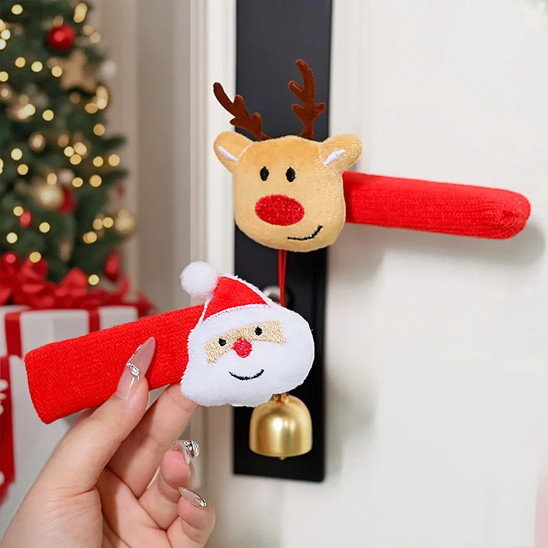 Festive Christmas Door Handle Covers with Bells - Soft Holiday Décor Accessories