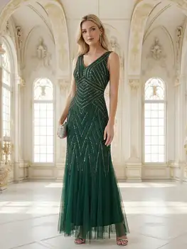 Robe de soirée queue de poisson col en V perles paillettes BAZIIINGAAA - La Garde-Robe Idéale