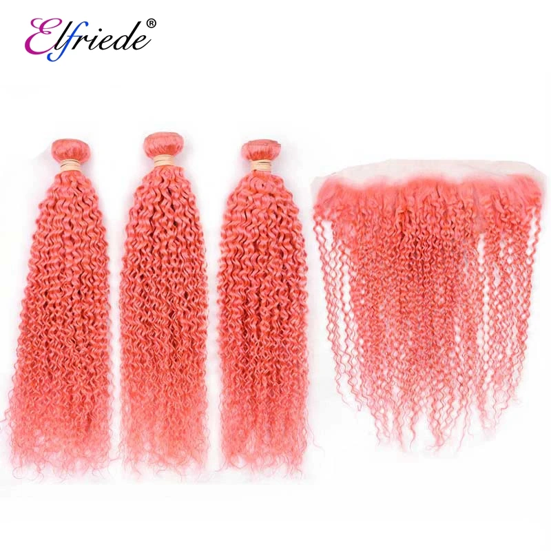 

Elfriede #Pink Kinky Curly Colored Hair Bundles with Frontal Brazilian 100% Human Hair Weaves 3 Bundles with Lace Frontal 13x4