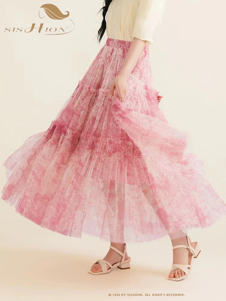 

SISHION Cake Elastic Waist Long Tulle Summer Mesh Skirt Tie-dye Print Black Pink Green Purple Jupes VD4128