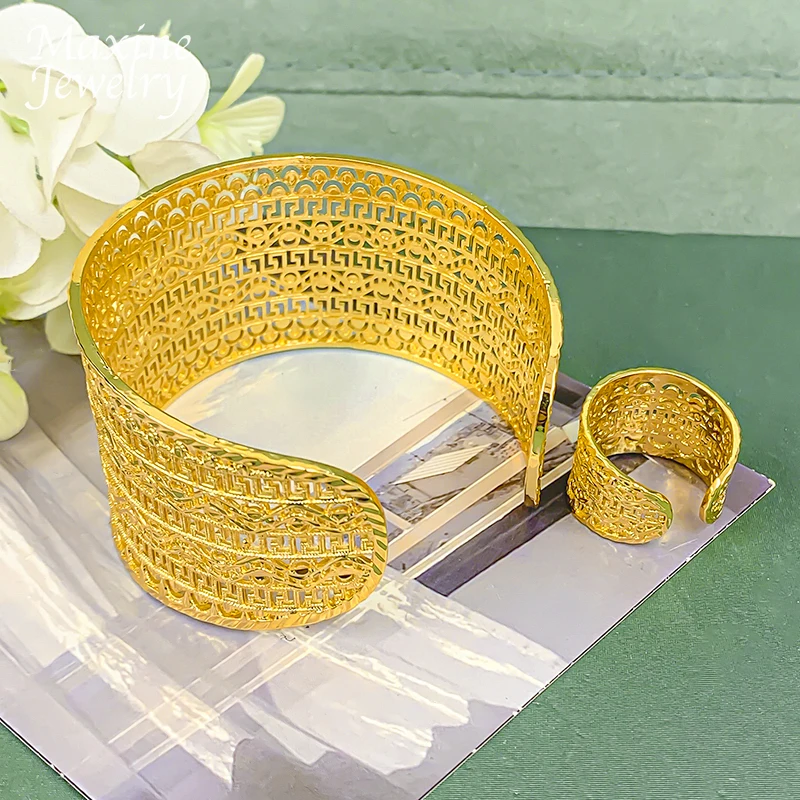 Hohler klassischer Armband mit Ring-Set, Dubai, 18 Karat vergoldet, Schmuckset für Frau, afrikanische Braut, Hochzeit, Party, Accessoires, Geschenke – Detail 16